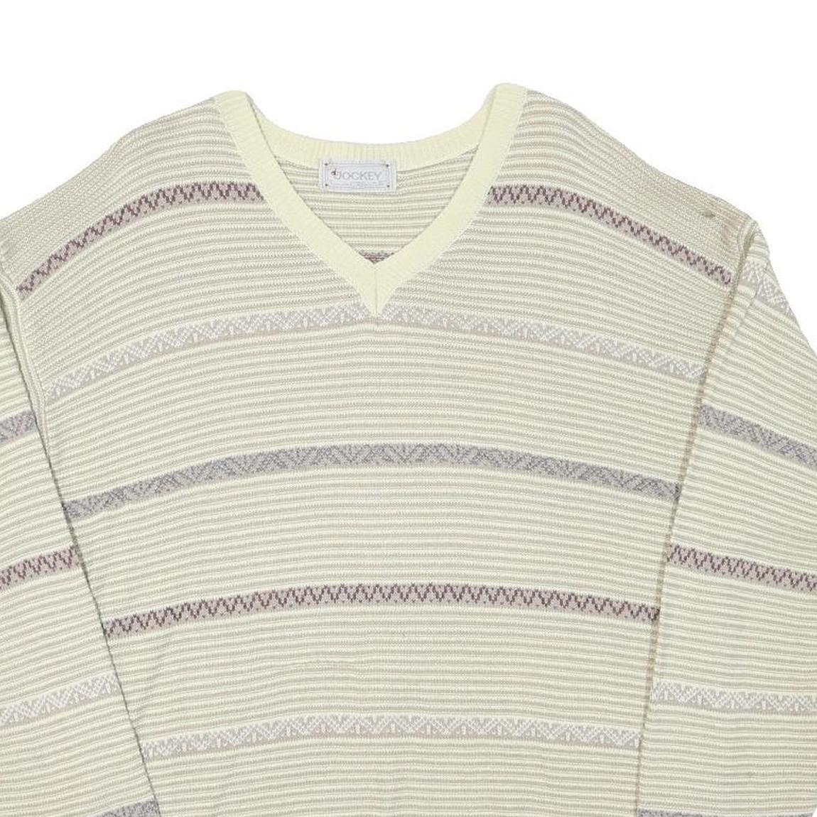JOCKEY Mens Cream Patterned Acrylic Blend Jumper V-Neck Basic Knit L Casual Wear