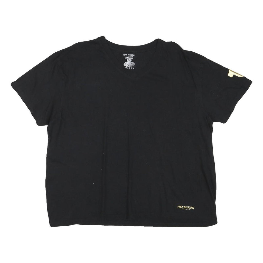 TRUE RELIGION Mens Black V-Neck T-Shirt XL Cotton Blend Graphic Sleeve Logo