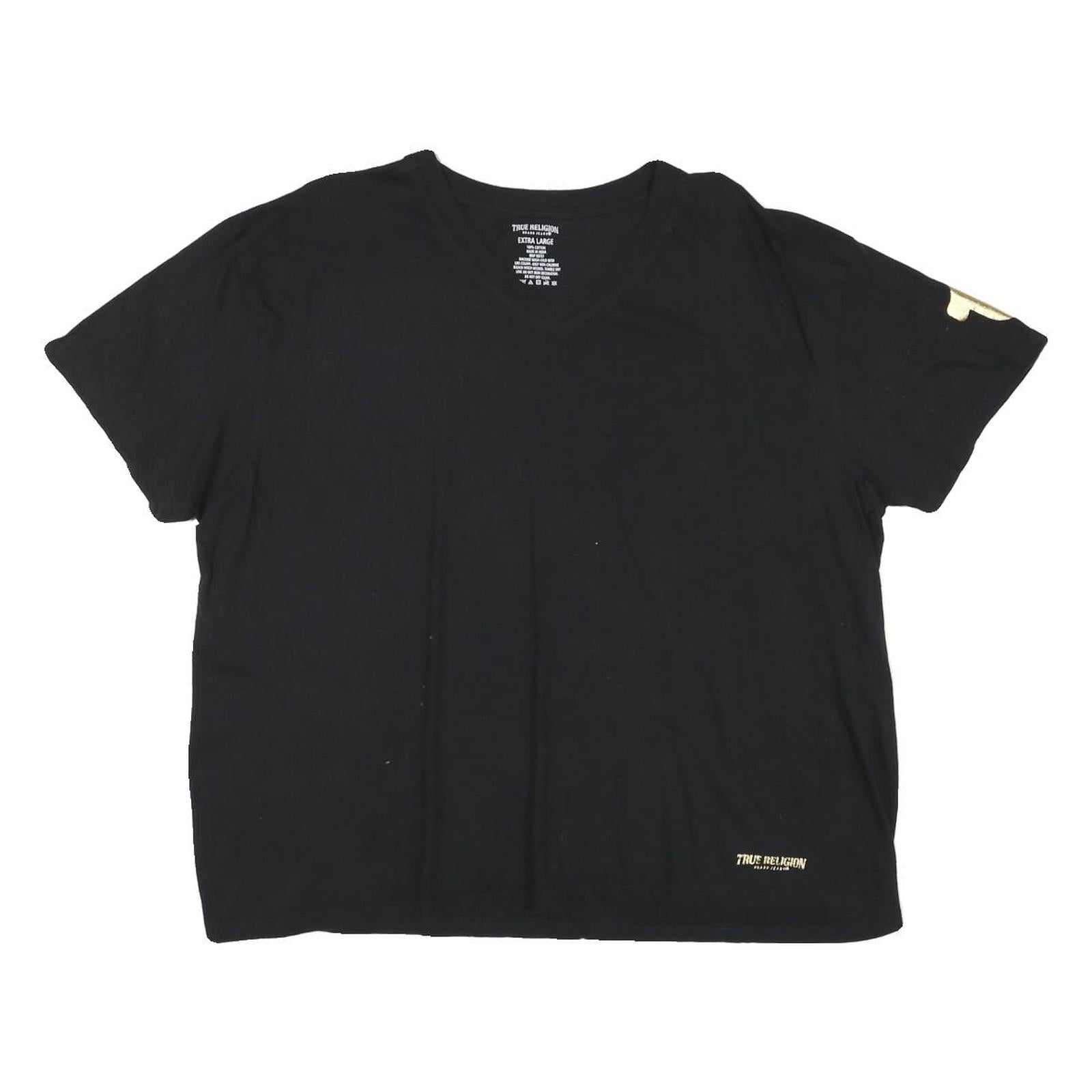 TRUE RELIGION Mens Black V-Neck T-Shirt XL Cotton Blend Graphic Sleeve Logo