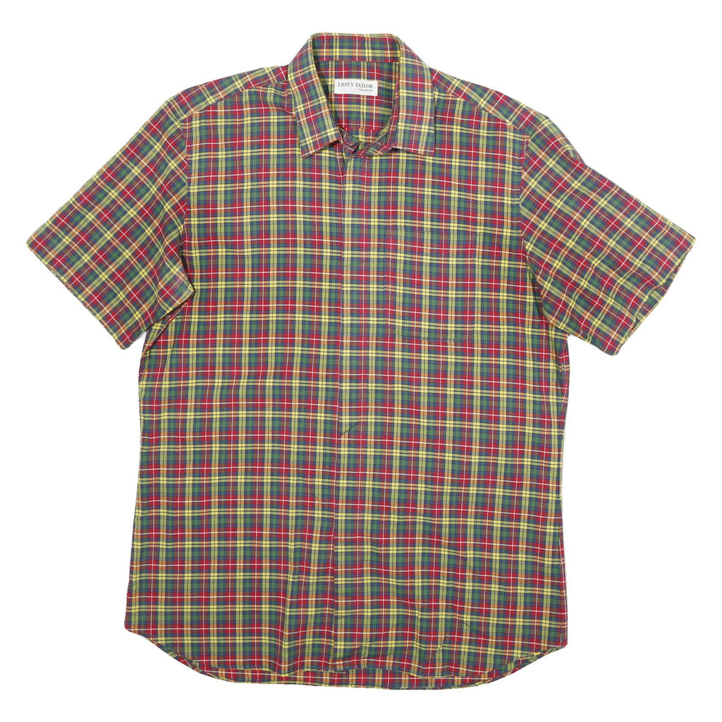 LIONS TAILOR Mens Red Green Yellow Check Shirt M Short Sleeve Button Cotton