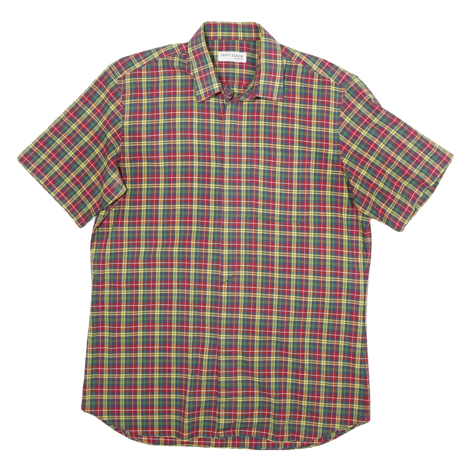 LIONS TAILOR Mens Red Green Yellow Check Shirt M Short Sleeve Button Cotton