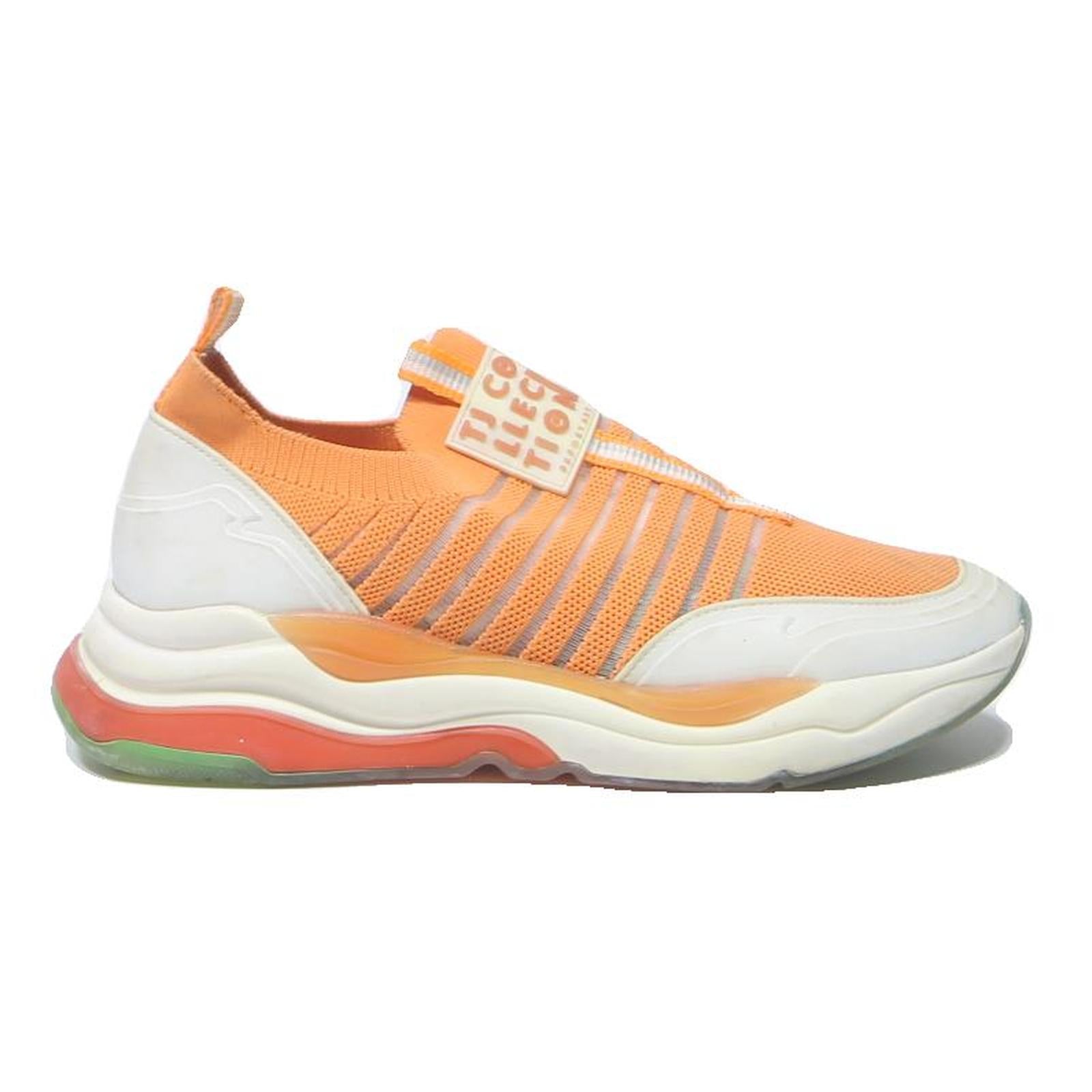 TJ COLLECTION Womens Slip-On Sock Trainers Orange & White Synthetic UK 5