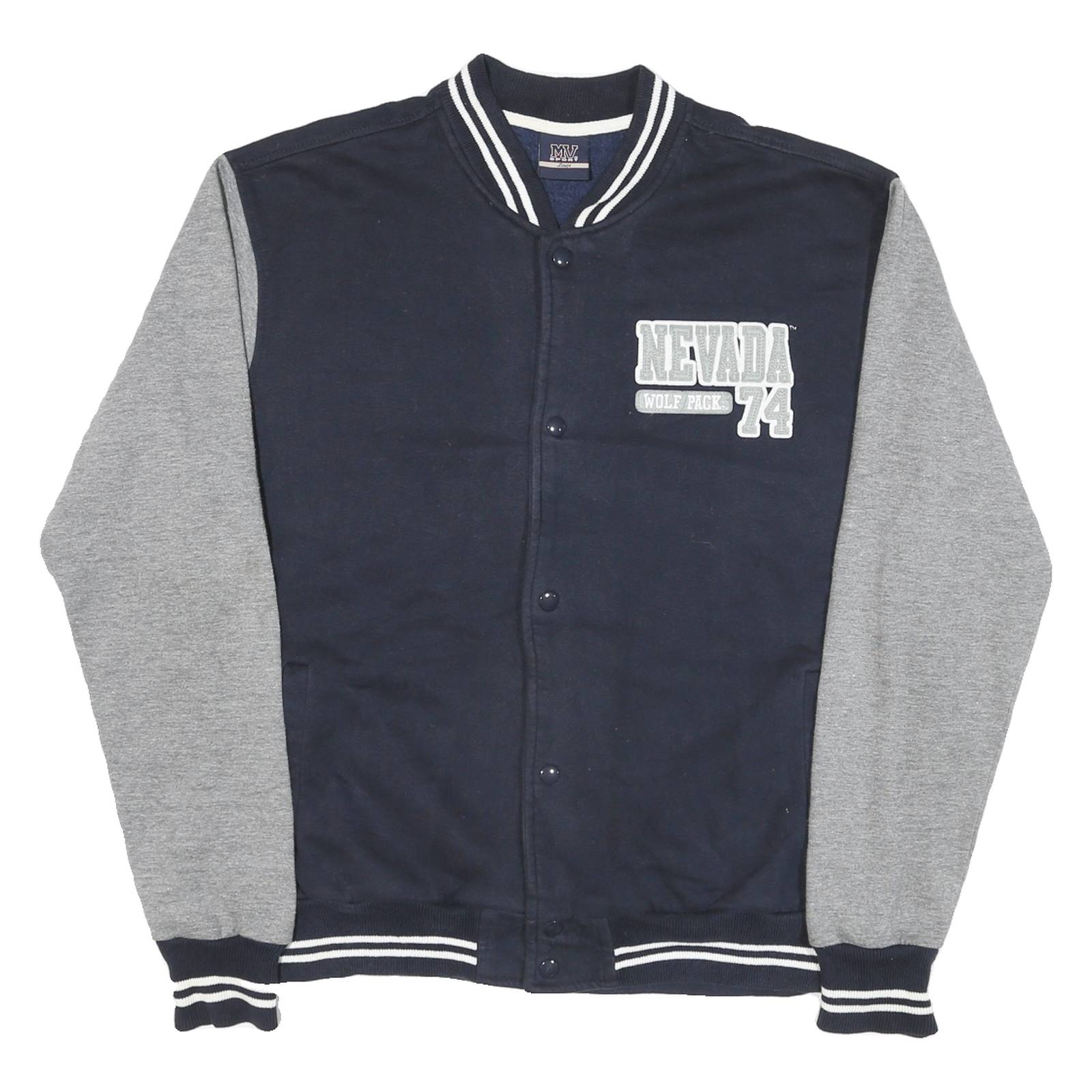 MV SPORT Mens Navy & Grey Nevada 74 Varsity Jacket L Cotton Blend Button Closure