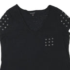 ROCK & REPUBLIC Womens Black V-Neck T-Shirt XL Short Sleeve Eyelet Detail