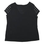 ROCK & REPUBLIC Womens Black V-Neck T-Shirt XL Short Sleeve Eyelet Detail