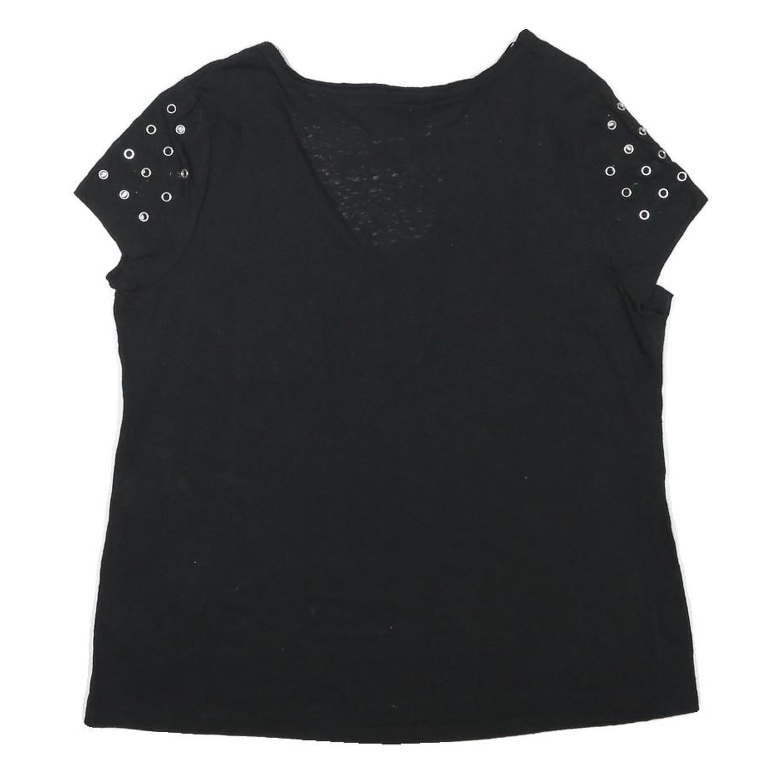 ROCK & REPUBLIC Womens Black V-Neck T-Shirt XL Short Sleeve Eyelet Detail