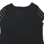 ROCK & REPUBLIC Womens Black V-Neck T-Shirt XL Short Sleeve Eyelet Detail