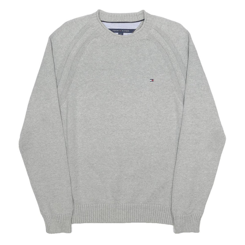 TOMMY HILFIGER Mens Grey Patterned Jumper Crew Neck Basic Knit L Classic Cotton