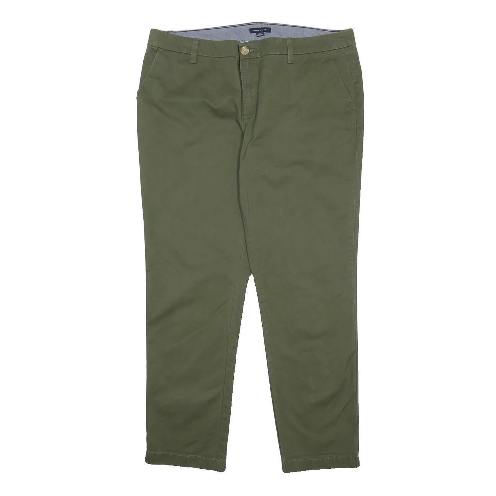 TOMMY HILFIGER Womens Cotton Blend Slim Fit Green Trousers W36 L28 Zip Pocket