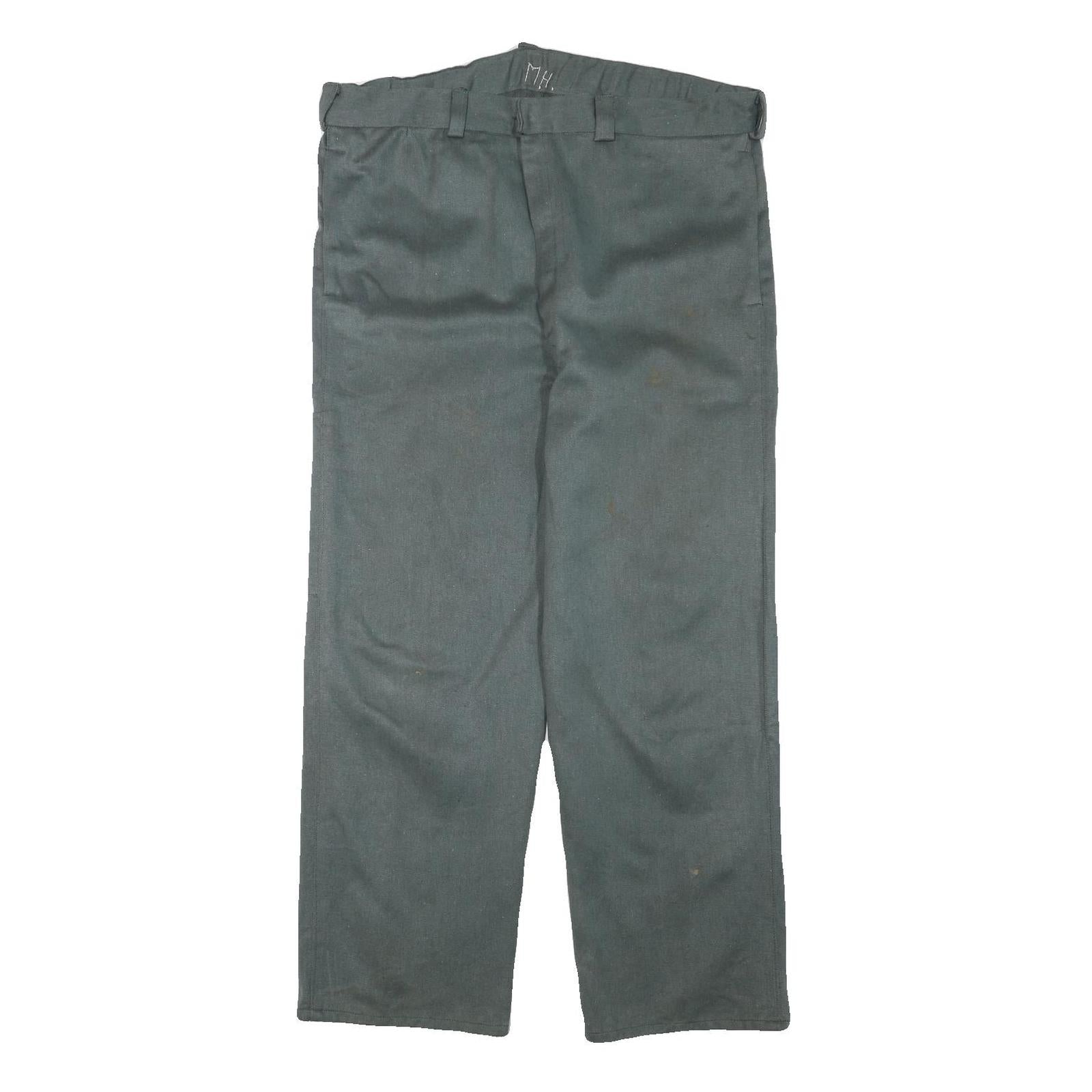 Mens Cotton Blend Relaxed Fit Green Button Closure Trousers W39 L28 Workwear