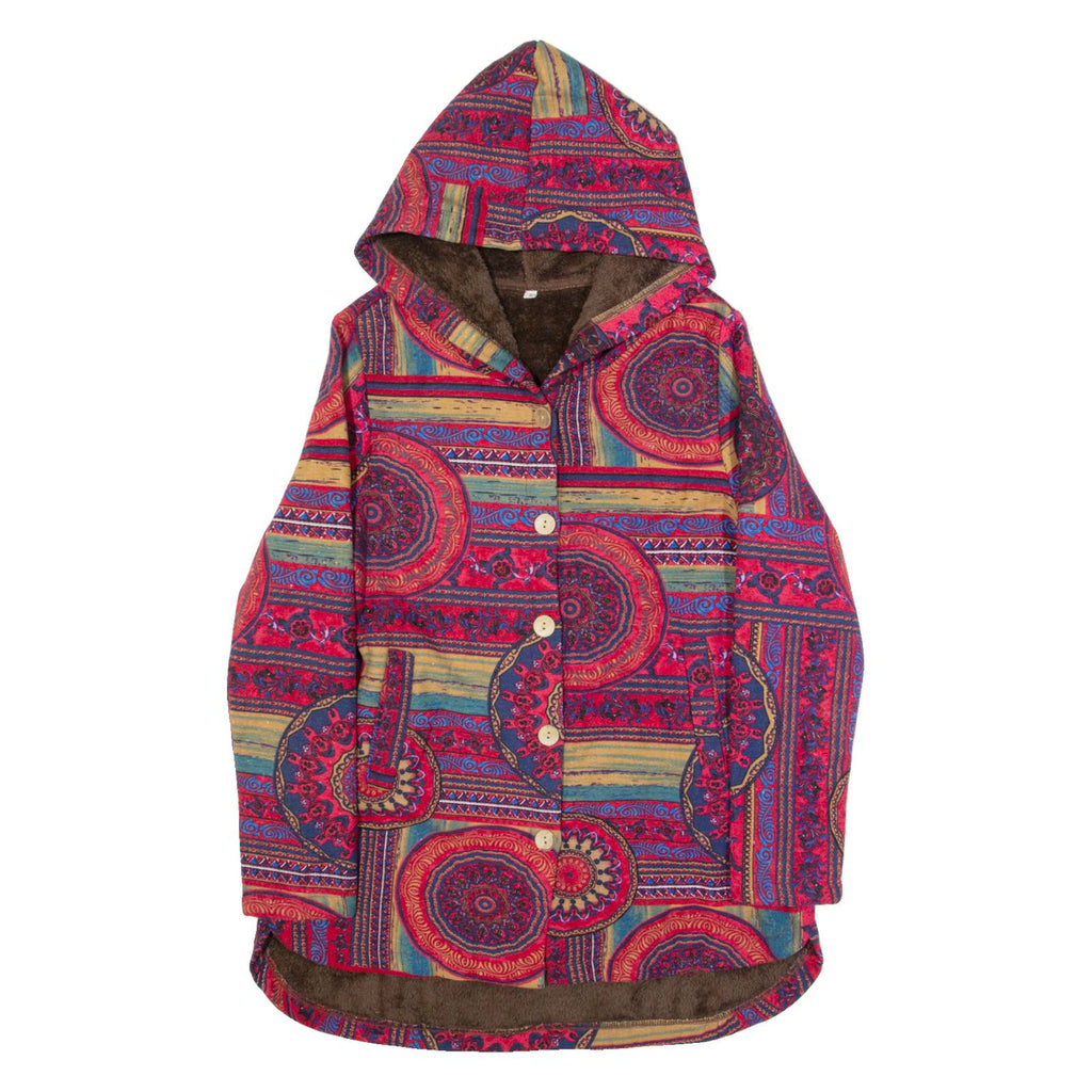 Sherpa Lined Womens Jacket Red Hooded Crazy Pattern S