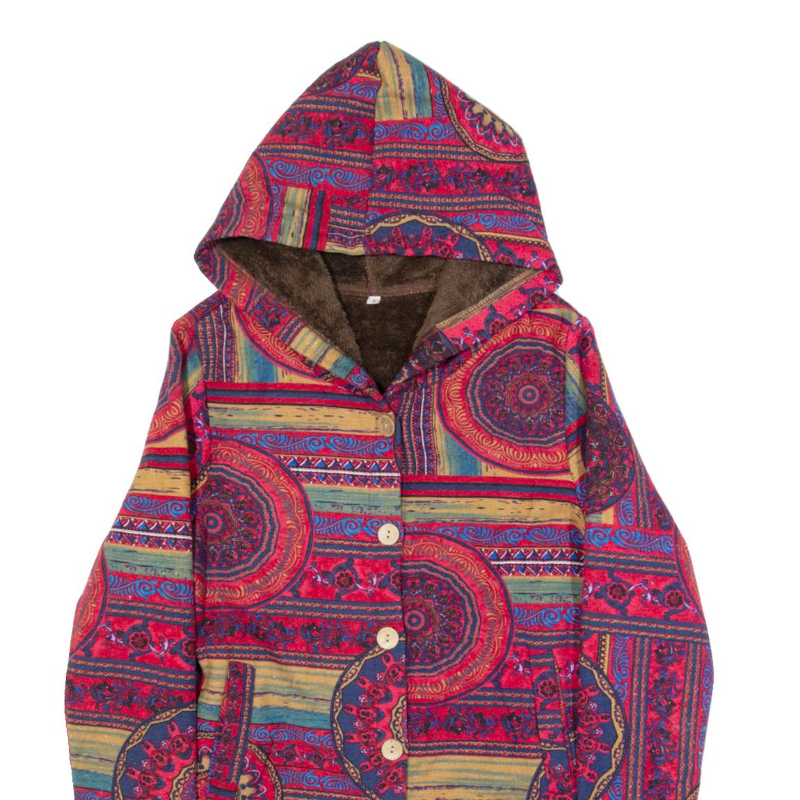 Sherpa Lined Womens Jacket Red Hooded Crazy Pattern S