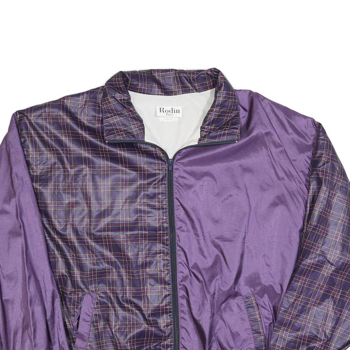 RODIN Mens Purple & Check Zip Jacket L Nylon Casual Lightweight Outerwear