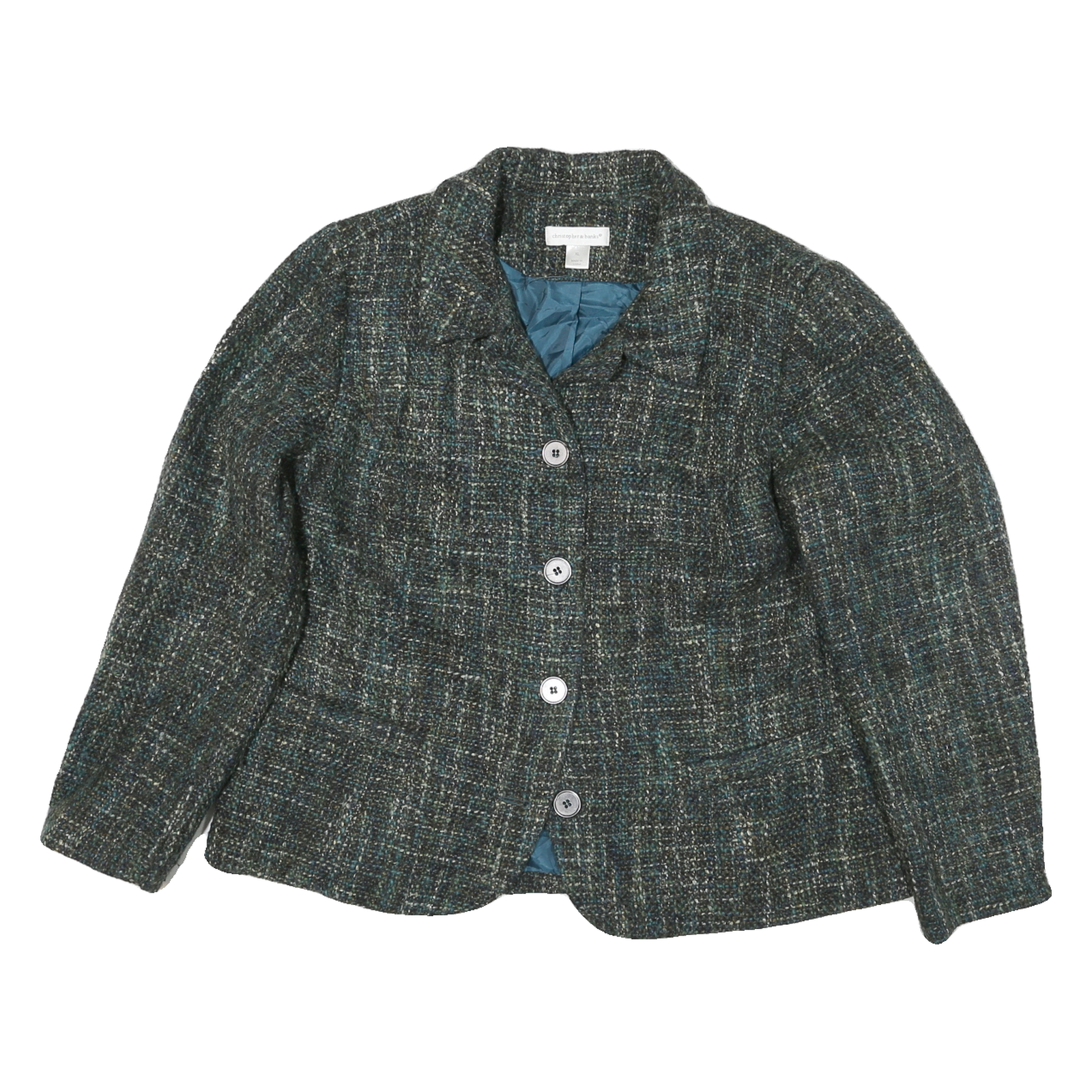 CHRISTOPHER & BANKS Mens Blue Green Cotton Blend Check Button Jacket XL Tailored