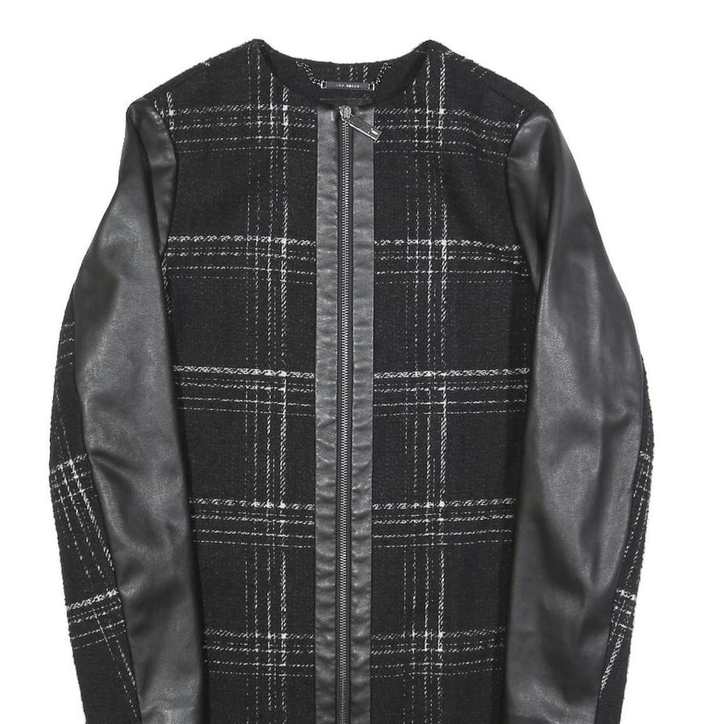 TED BAKER Womens Black & Grey Check Zip Jacket XS Wool Blend Leather Sleeves