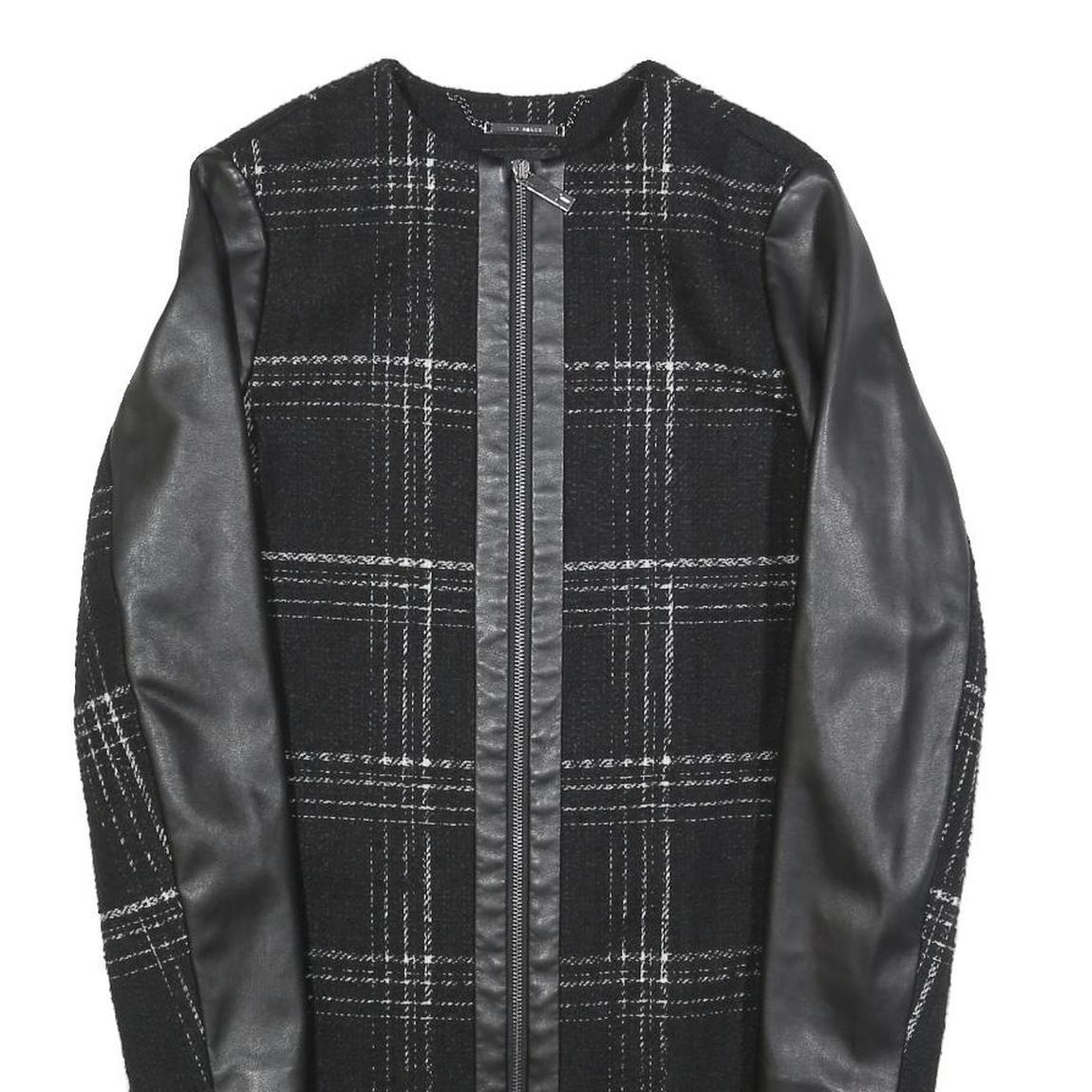 TED BAKER Womens Black & Grey Check Zip Jacket XS Wool Blend Leather Sleeves