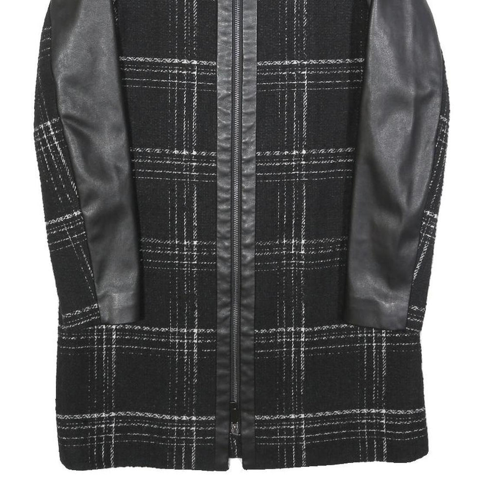 TED BAKER Womens Black & Grey Check Zip Jacket XS Wool Blend Leather Sleeves