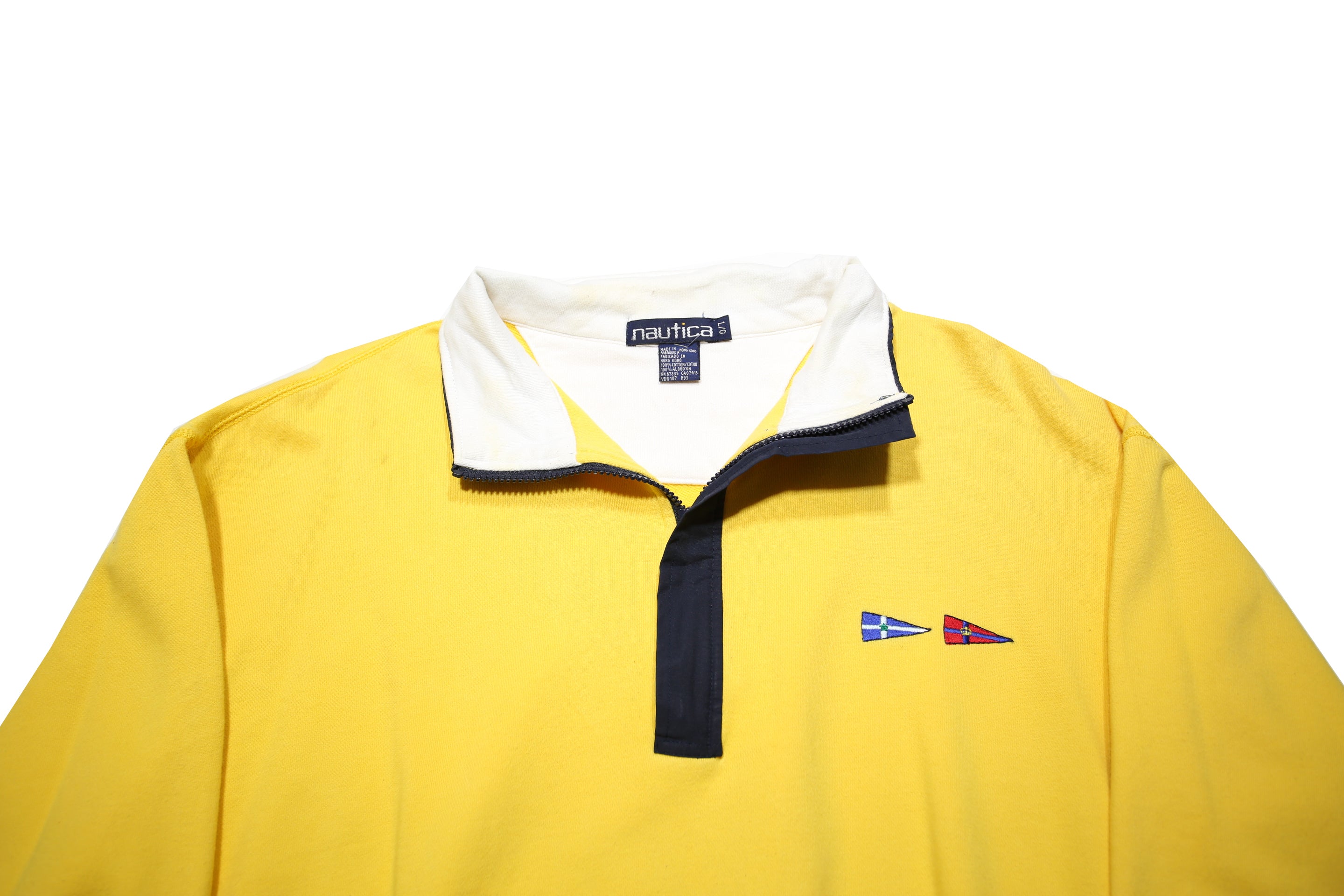 NAUTICA Mens Yellow 1/4 Zip L Cotton Pullover Sweatshirt Nautical Flags