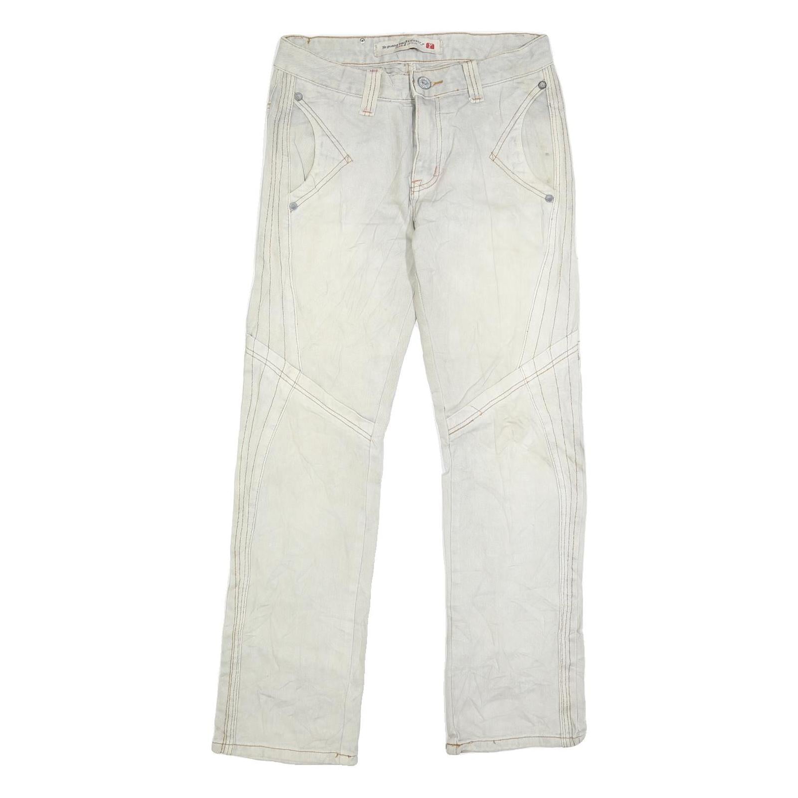 YE GUANG TOU Mens White Regular Jeans Cotton Blend W30 L30 Stylish Stitch Detail