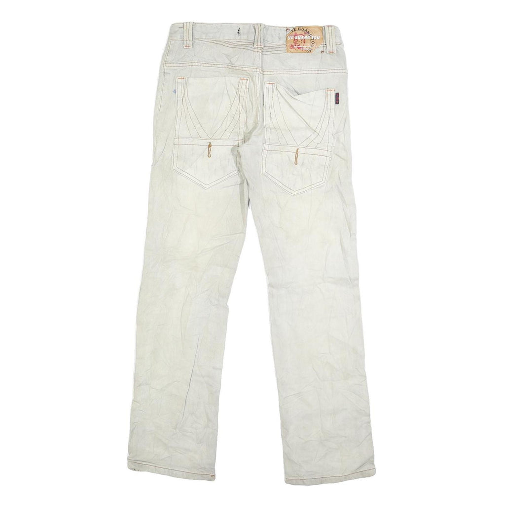 YE GUANG TOU Mens White Regular Jeans Cotton Blend W30 L30 Stylish Stitch Detail