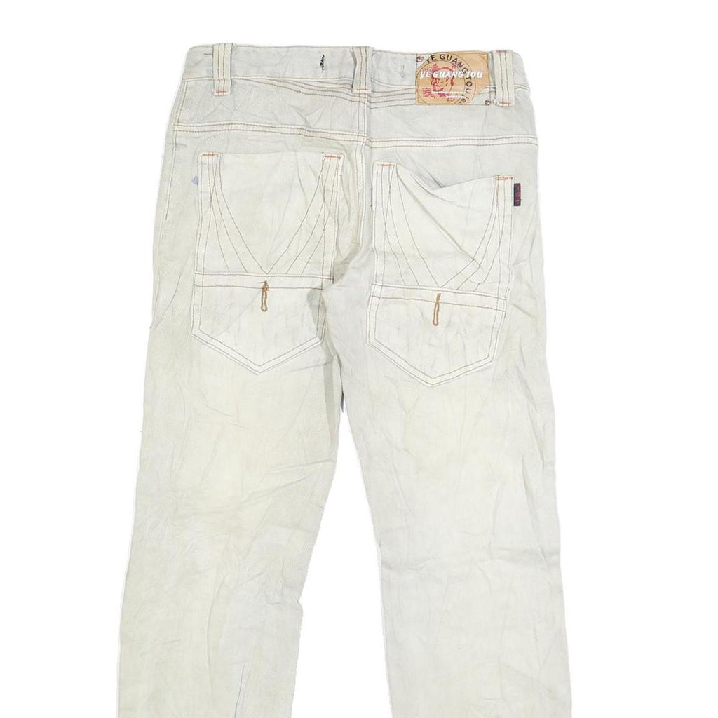YE GUANG TOU Mens White Regular Jeans Cotton Blend W30 L30 Stylish Stitch Detail