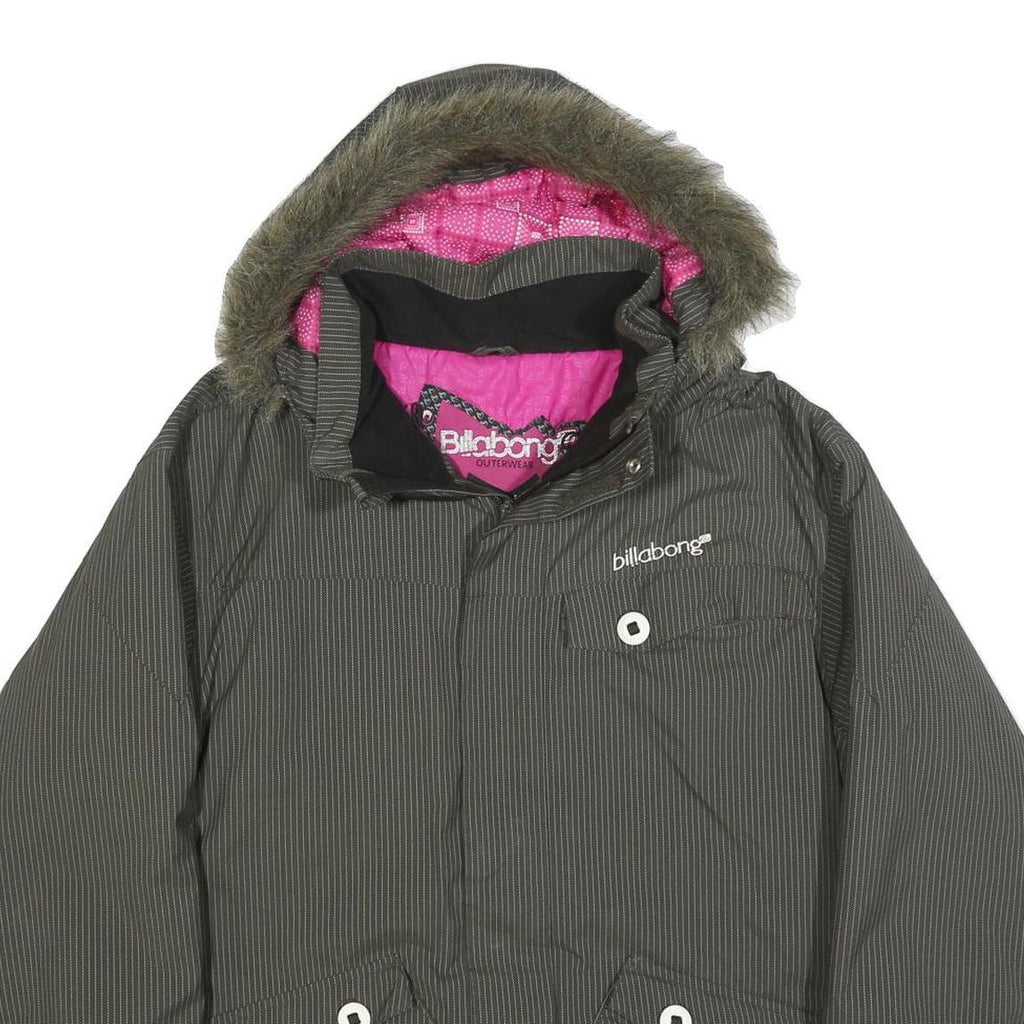 BILLABONG Womens Grey Pinstripe Outdoor Jacket L Polyamide Zip Hooded