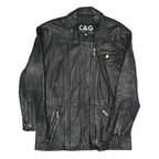 C&G Womens Black Biker Faux Leather Jacket M Zip Closure Plain Relaxed Fit