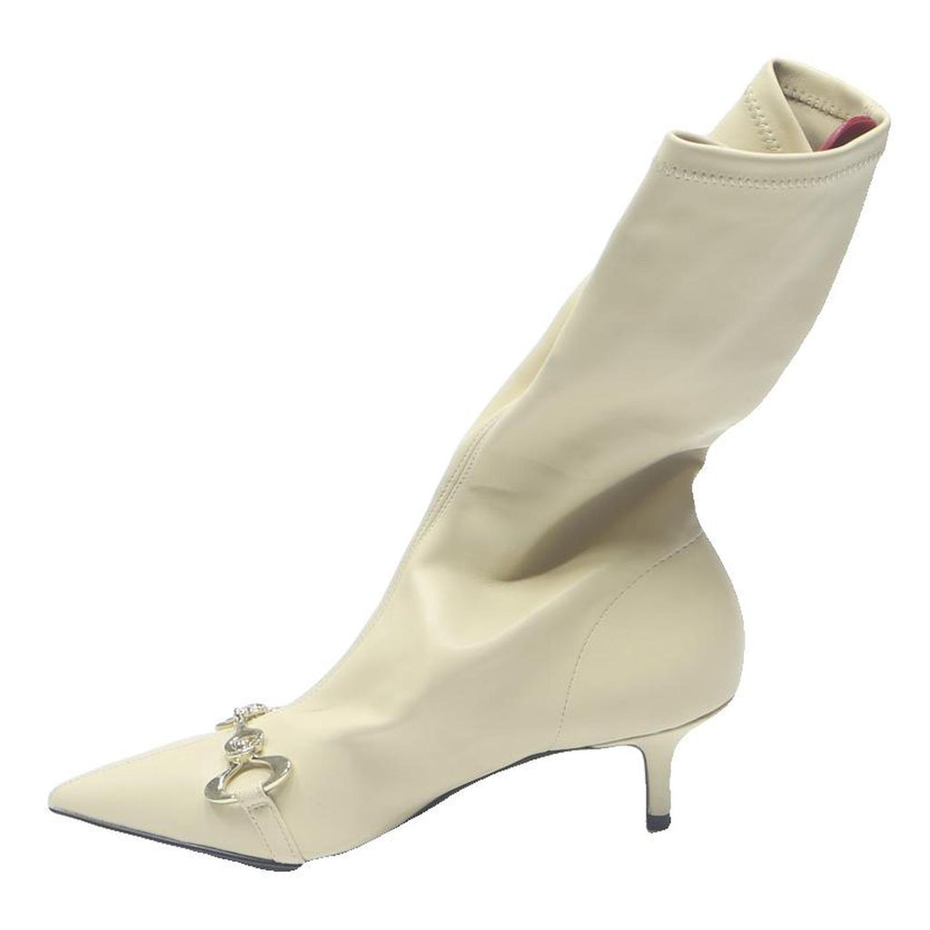 CHARLES & KEITH Womens Stretch Leather Ankle Boots Cream UK 2 Kitten Heel Slim