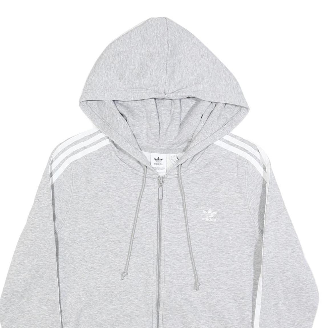 ADIDAS Womens Grey & White Full Zip Hoodie UK 12 Cotton Blend Three Stripe