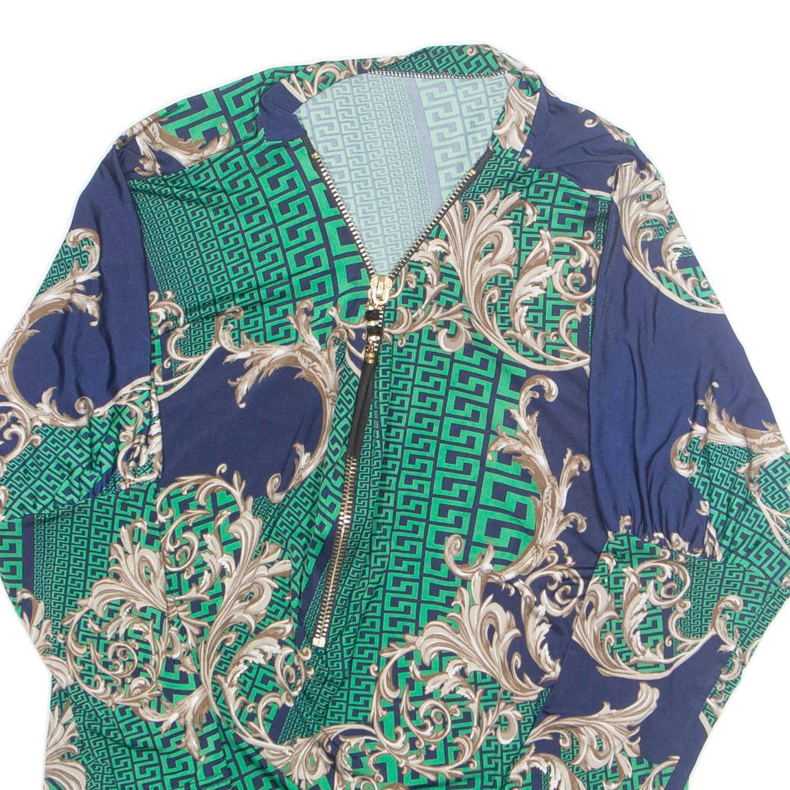 Womens Printed Blouse Green High Neck 3/4 Sleeve Geometric L