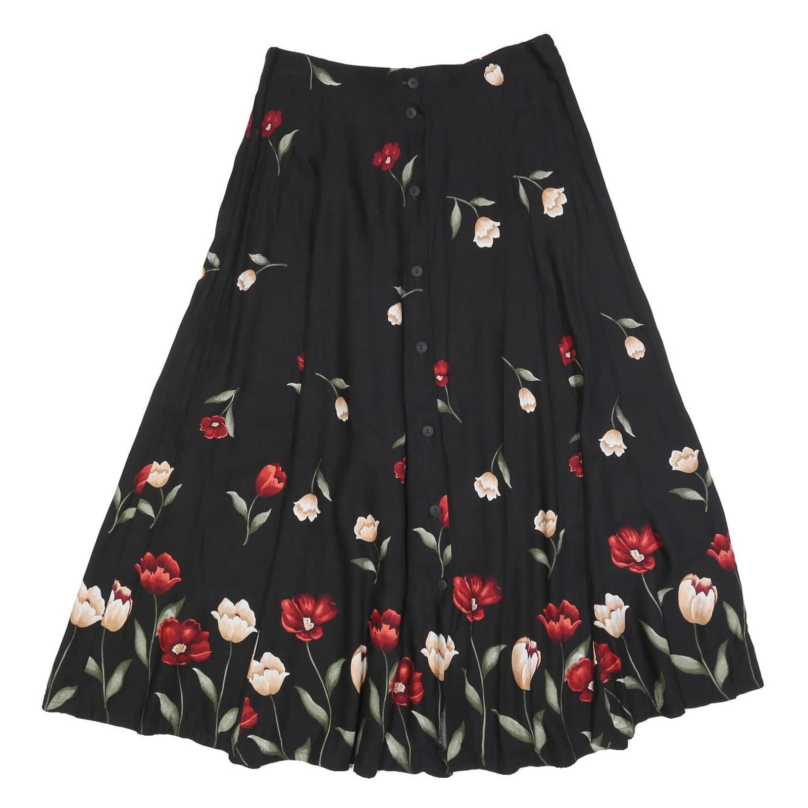 YOUNG SCENE Womens Black Floral Print Midi Button Woven Skirt M Rayon Elegant