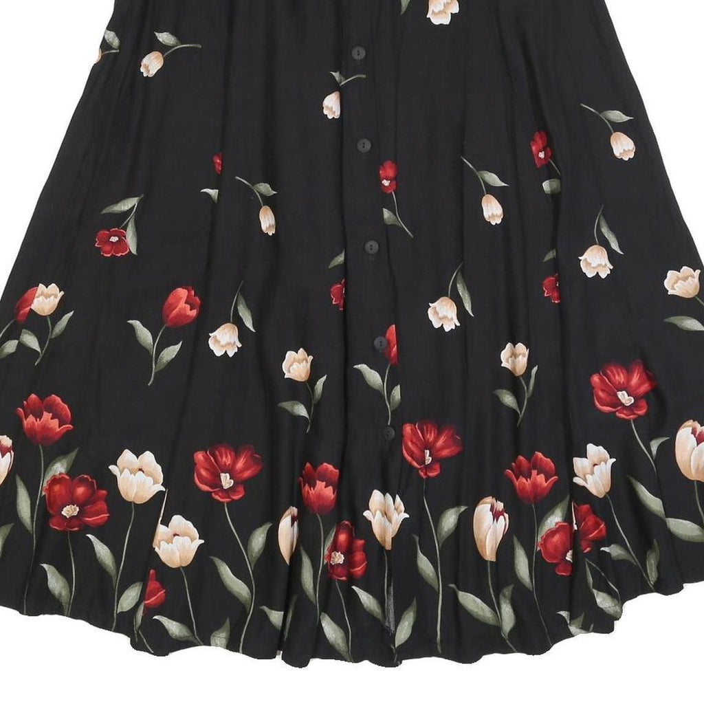 YOUNG SCENE Womens Black Floral Print Midi Button Woven Skirt M Rayon Elegant