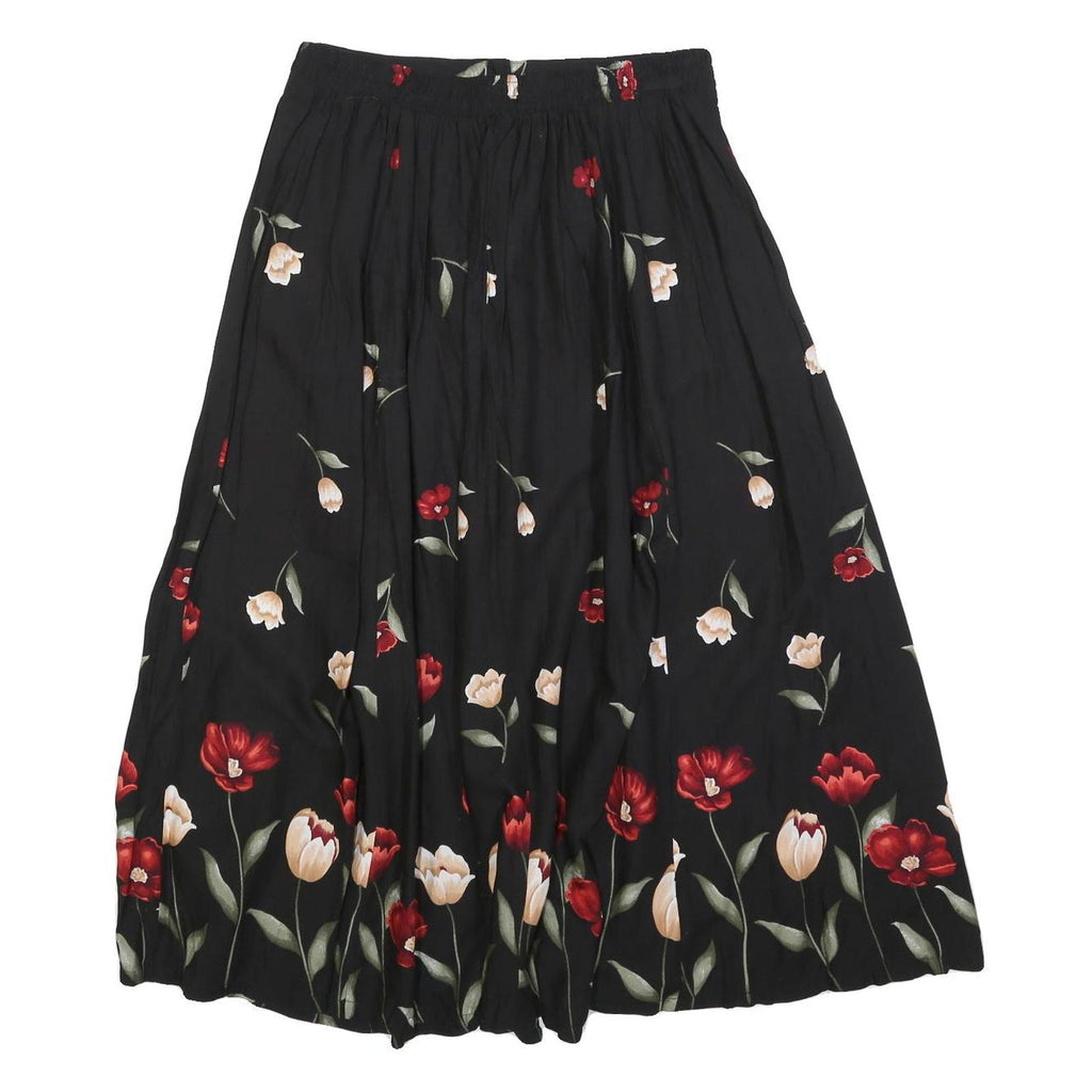 YOUNG SCENE Womens Black Floral Print Midi Button Woven Skirt M Rayon Elegant