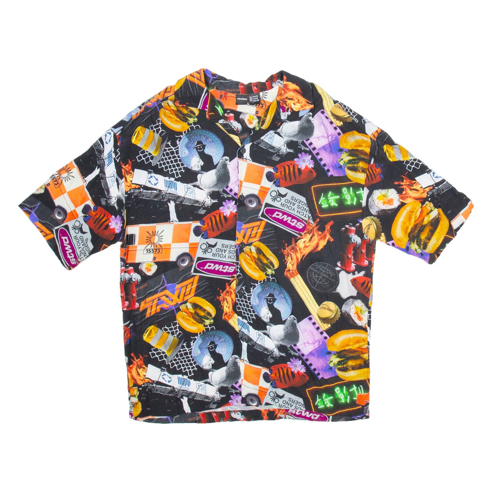 PULL & BEAR Mens Shirt Black Crazy Pattern S