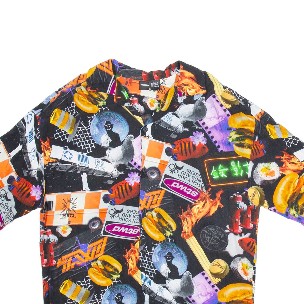 PULL & BEAR Mens Shirt Black Crazy Pattern S