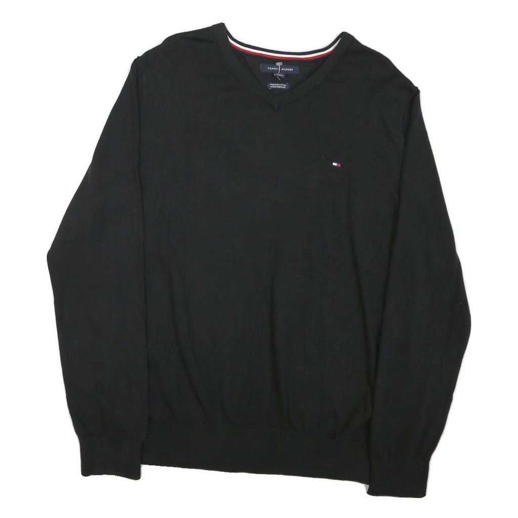 TOMMY HILFIGER Mens Black Plain Cotton Blend V-Neck Regular Jumper L Classic