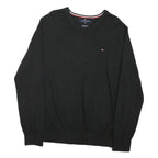 TOMMY HILFIGER Mens Black Plain Cotton Blend V-Neck Regular Jumper L Classic