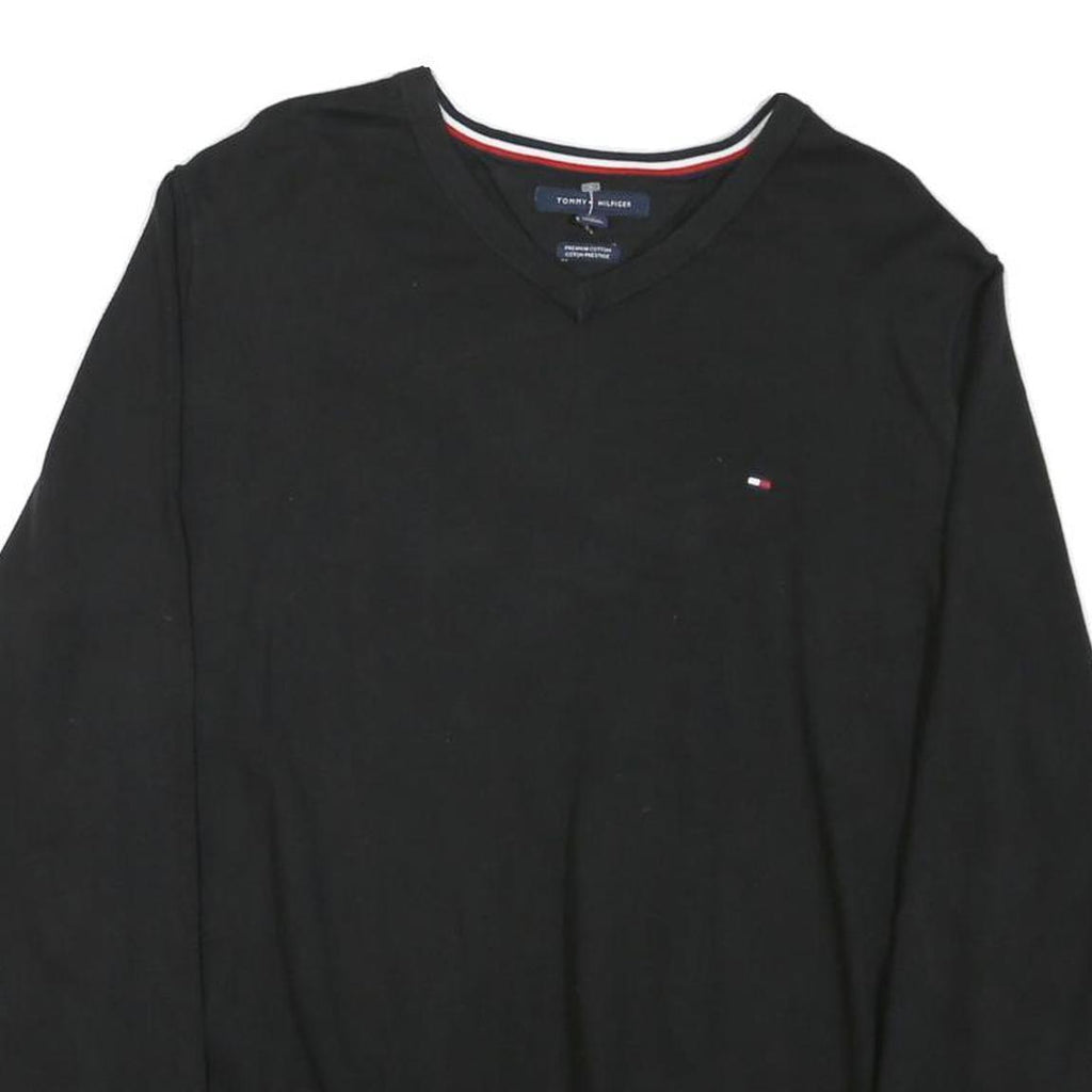 TOMMY HILFIGER Mens Black Plain Cotton Blend V-Neck Regular Jumper L Classic
