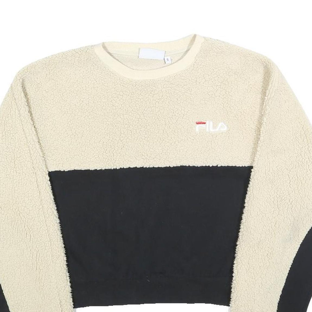 FILA Womens Cream & Black Crew Neck S Sherpa Fleece Sweatshirt Crop Top