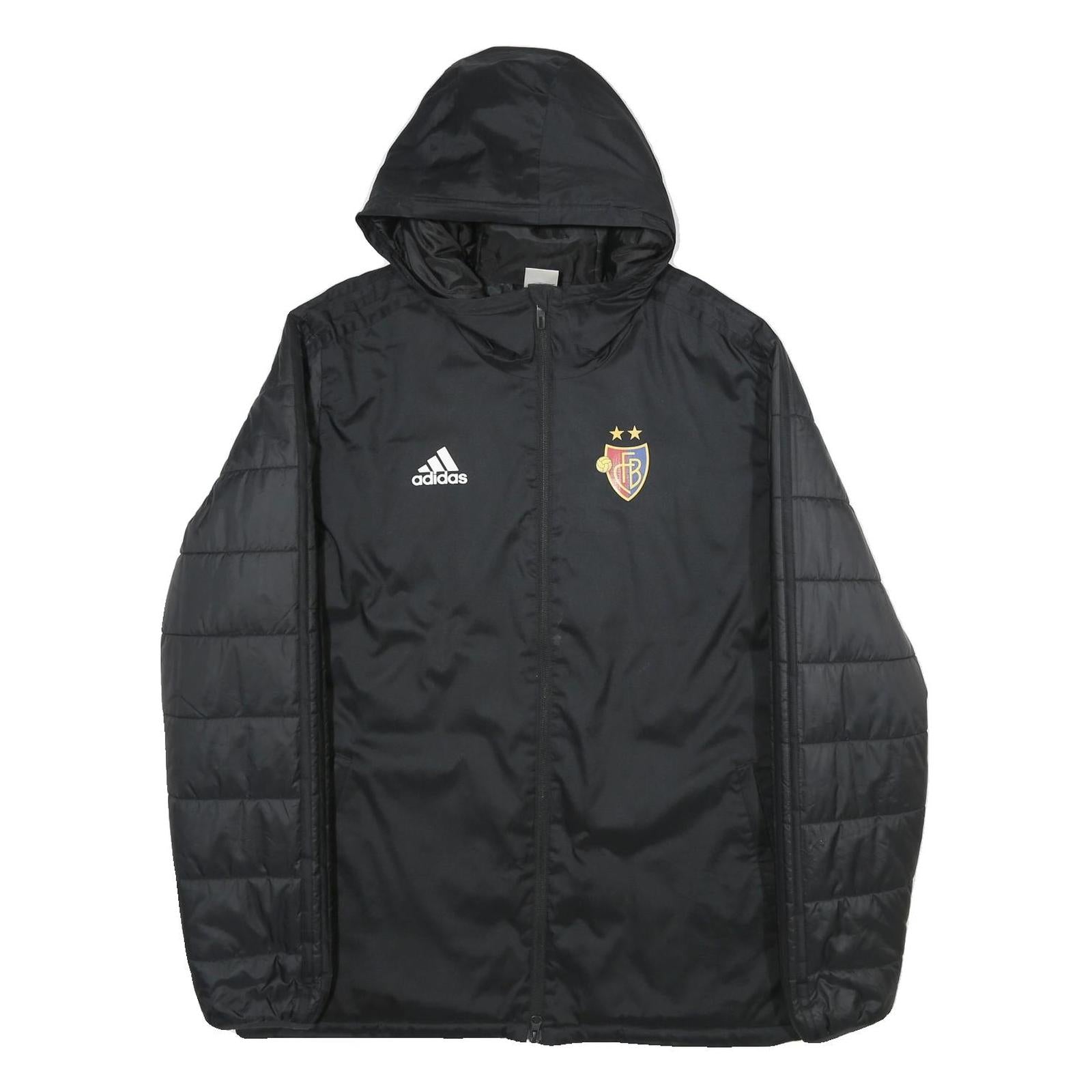 ADIDAS Mens Black Football Club Basel Jacket L Polyester Puffer Quilted Hooded
