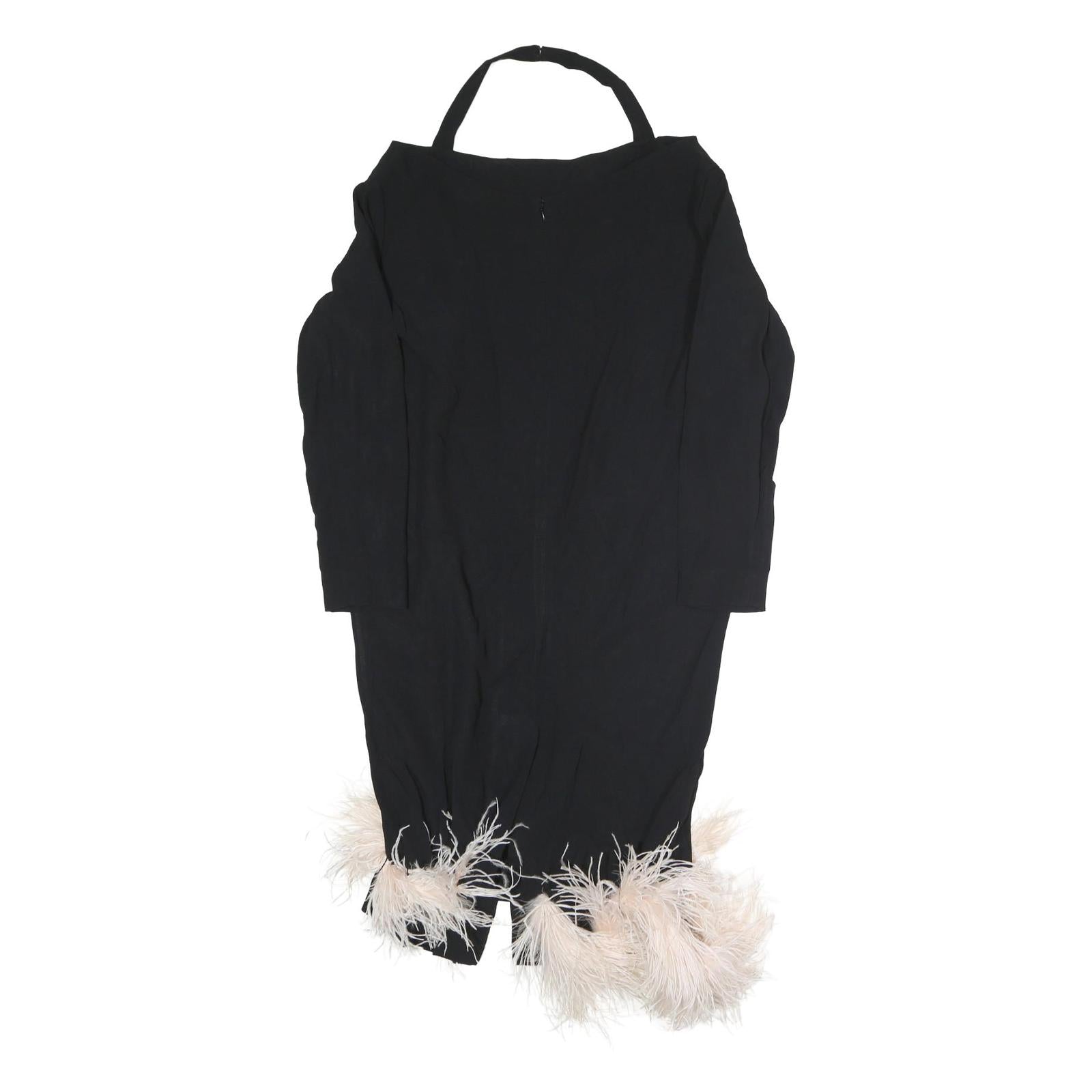 PRADA Womens Black Polyester Bodycon Long Sleeve Knee Length Dress Feather Trim