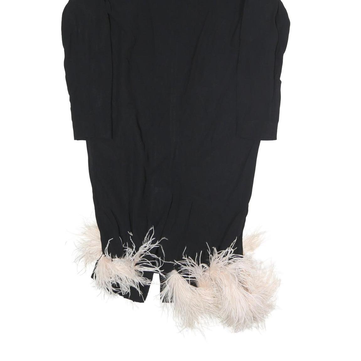 PRADA Womens Black Polyester Bodycon Long Sleeve Knee Length Dress Feather Trim