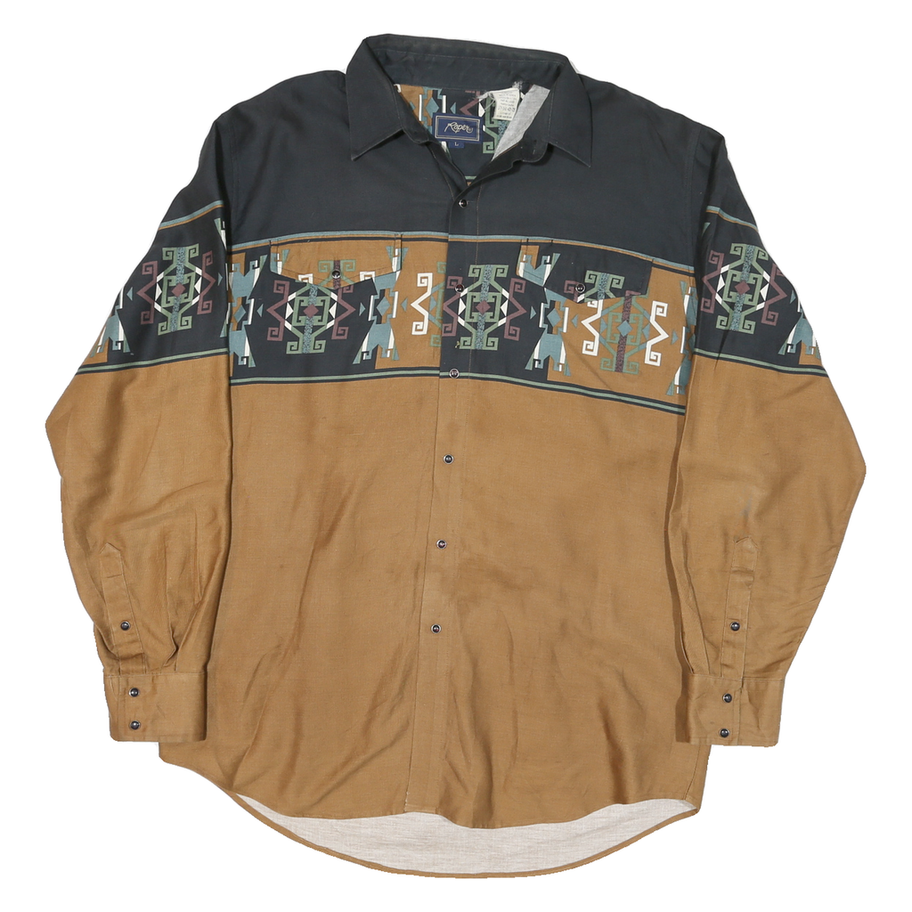 ROPEN Mens Black & Brown Geometric Print Cotton Blend Shirt L Casual