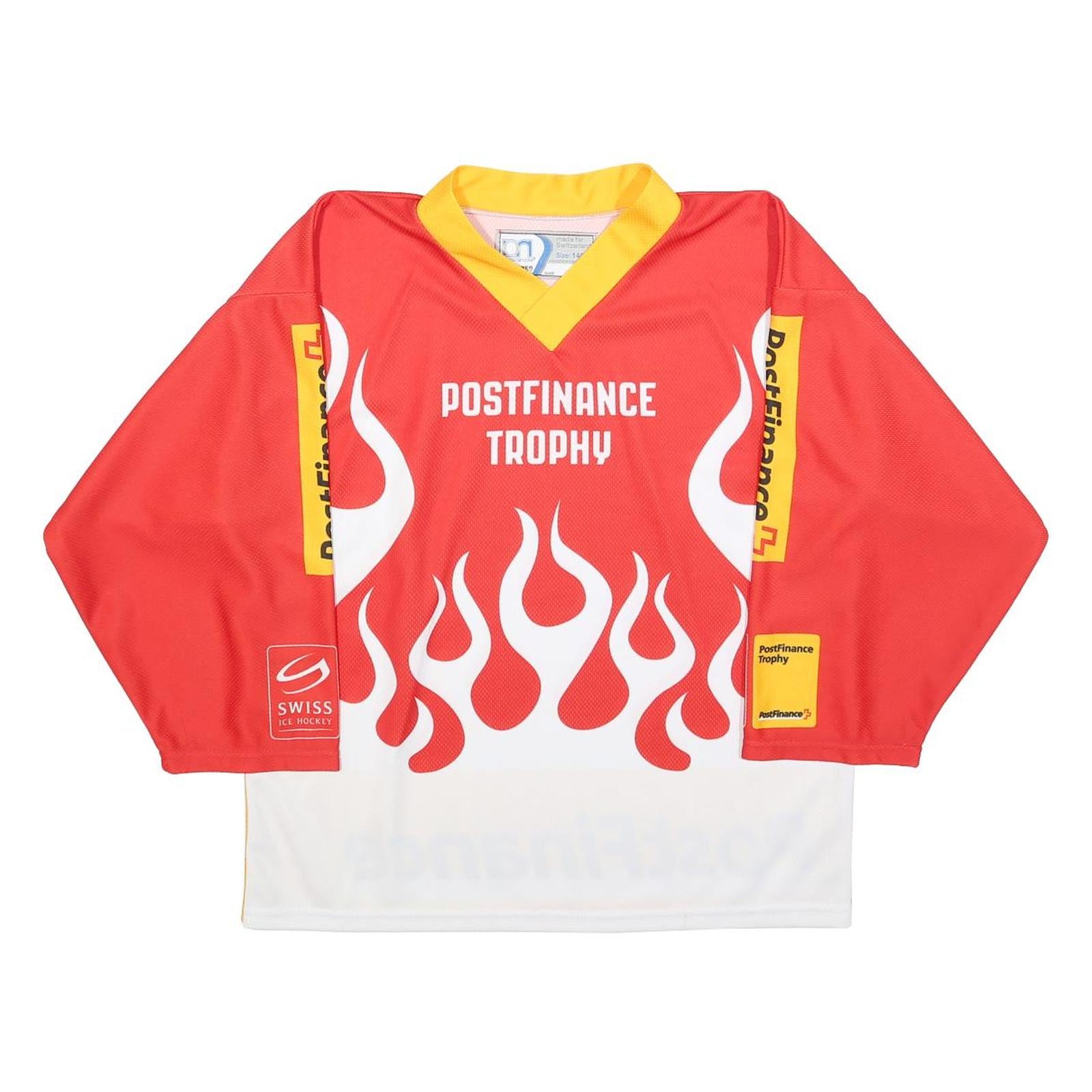 OCHSNER HOCKEY Boys Red & Yellow PostFinance Trophy Long Sleeve V-Neck Jersey L