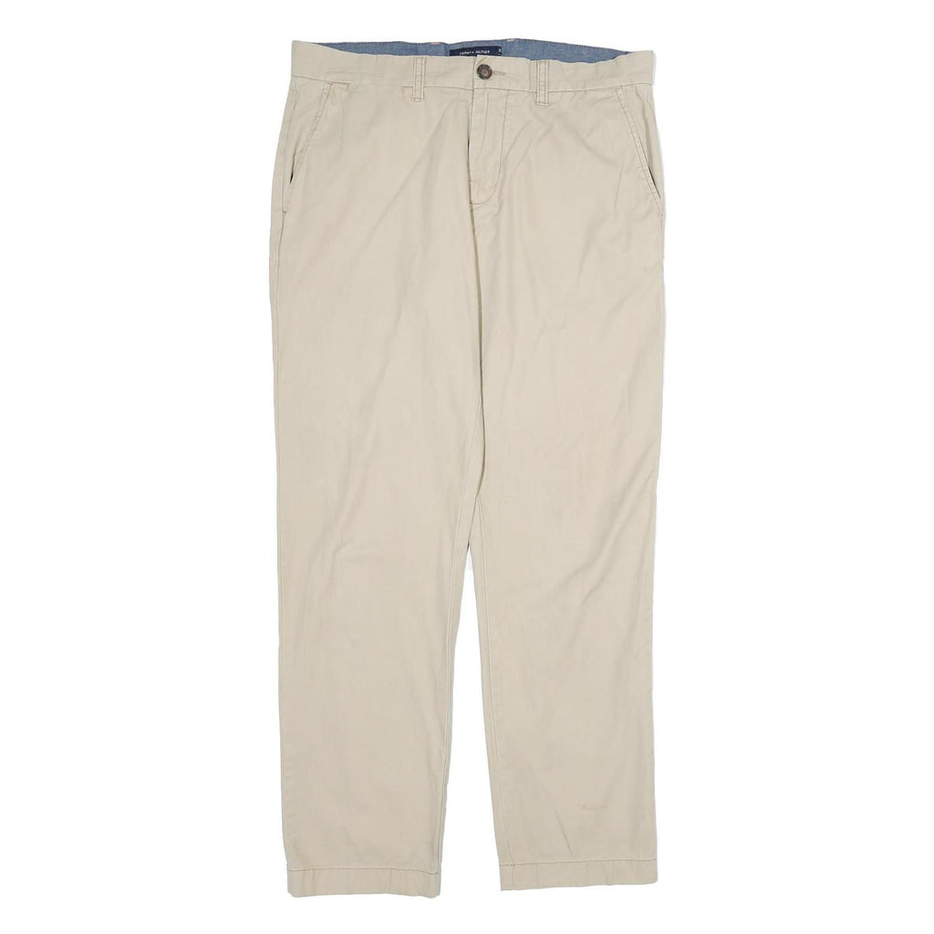 TOMMY HILFIGER Mens Cotton Beige Regular Straight Trousers W36 L31 Classic Zip
