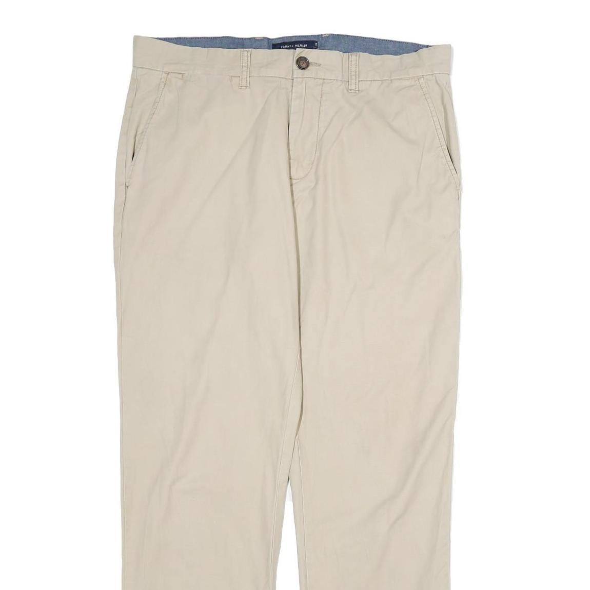 TOMMY HILFIGER Mens Cotton Beige Regular Straight Trousers W36 L31 Classic Zip