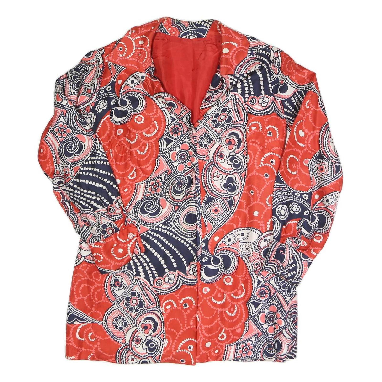 Womens Red Navy & White Abstract Print Button Jacket M Polyester Blend Casual