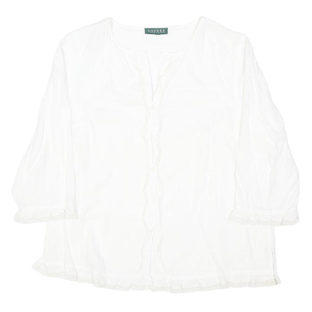 LAUREN RALPH LAUREN Womens White Cotton Blend Blouse 3/4 Sleeve Button Neck L