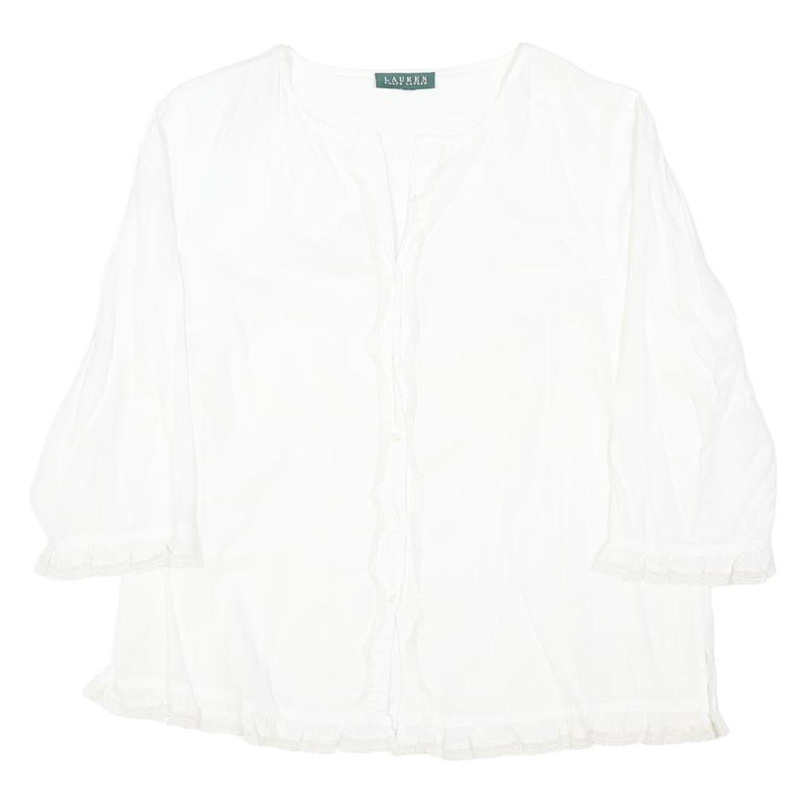 LAUREN RALPH LAUREN Womens White Cotton Blend Blouse 3/4 Sleeve Button Neck L