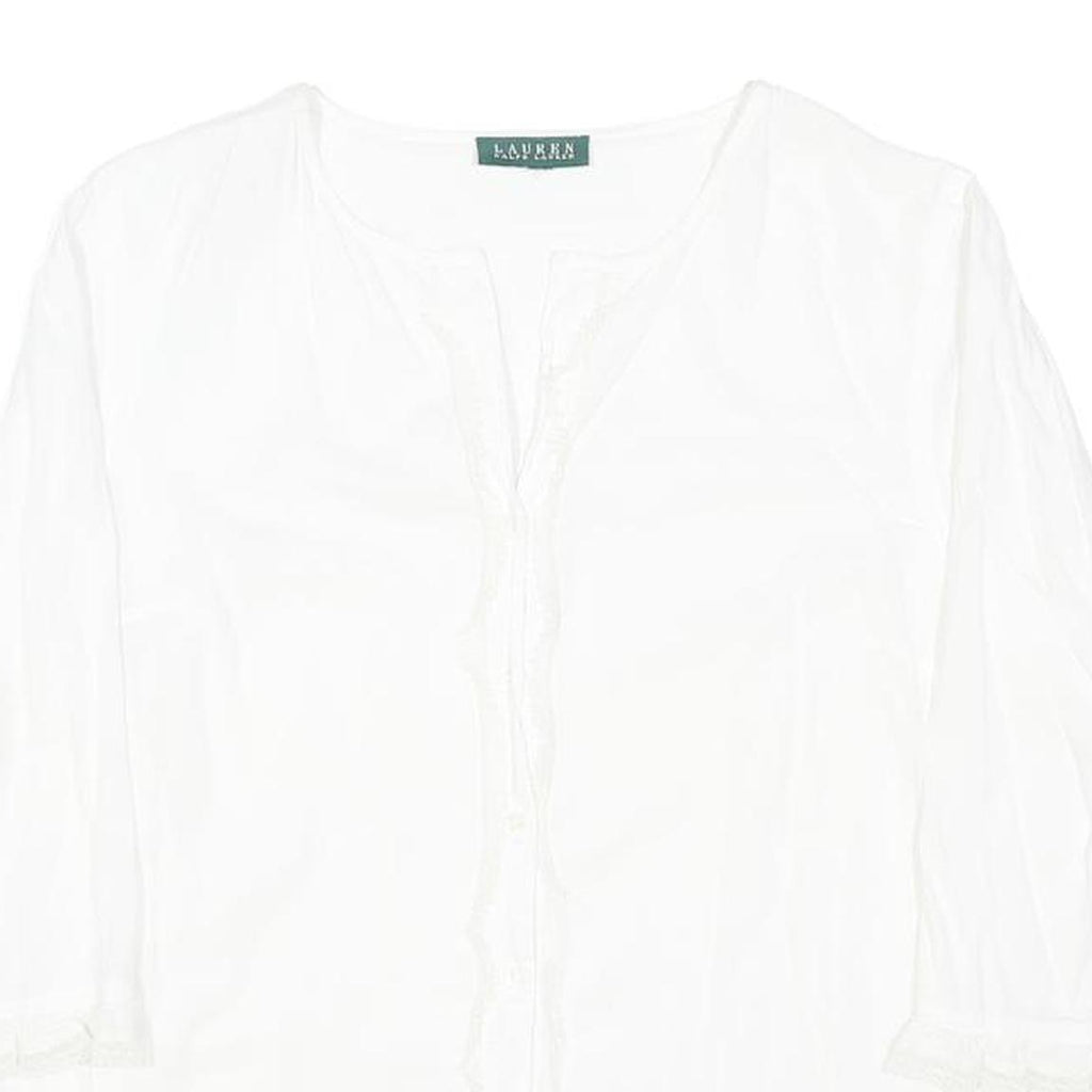 LAUREN RALPH LAUREN Womens White Cotton Blend Blouse 3/4 Sleeve Button Neck L
